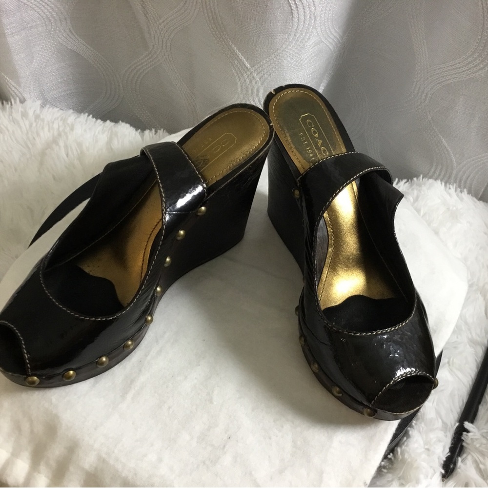 Coach Black Peep-Toe Leather Mule Sandals with Gold Insole